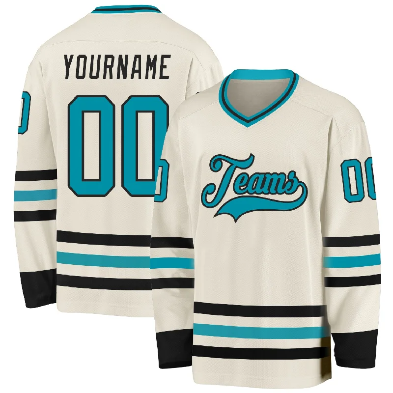 Custom Hockey Jerseys with Player Names-Custom Cream Teal-Black Hockey Jersey