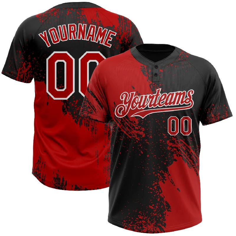 Breathable Softball Jerseys for Hot Weather Play-Custom Red Black-White 3D Pattern Abstract Brush Stroke Two-Button Unisex Softball Jersey