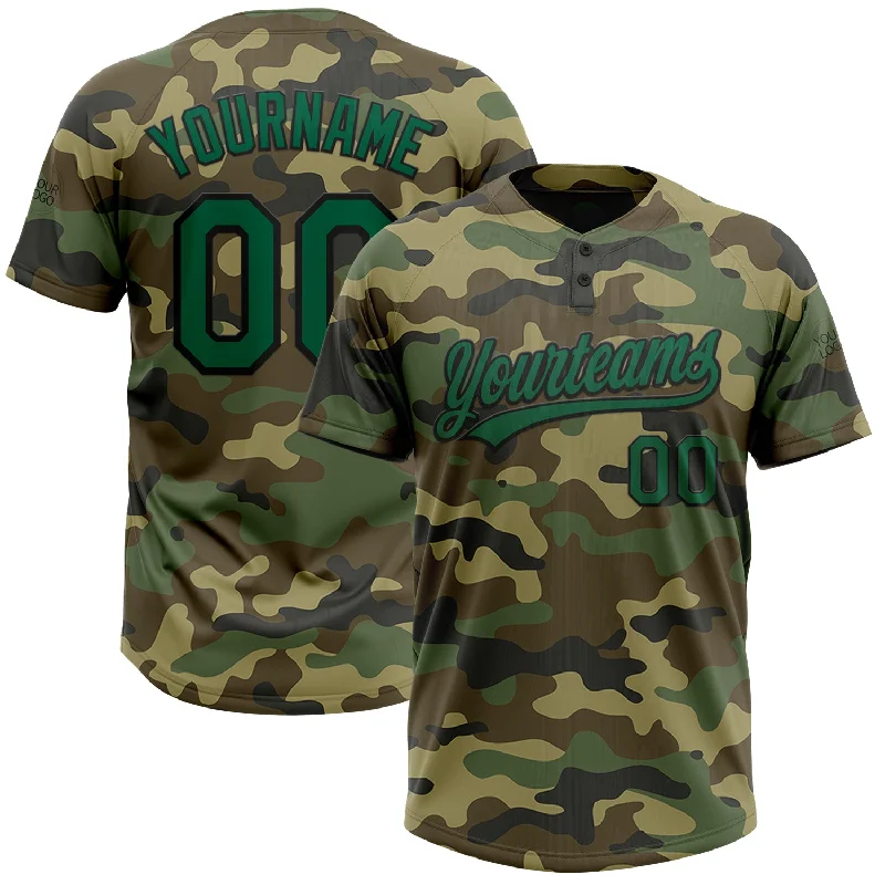 Custom Softball Jerseys for Charity Events-Custom Camo Kelly Green-Black Salute To Service Two-Button Unisex Softball Jersey