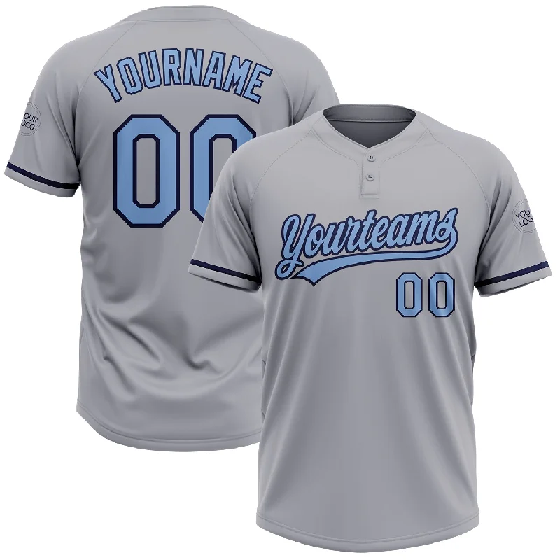 Softball Jerseys with Bold Pattern Design for Unique Look-Custom Gray Light Blue-Navy Two-Button Unisex Softball Jersey