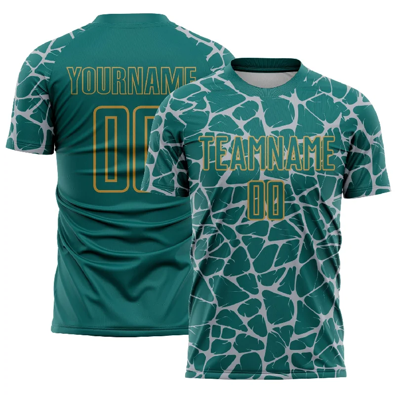 Soccer Jerseys with Reflective Details for Visibility-Custom Teal Gray-Old Gold Abstract Network Splash Sublimation Soccer Uniform Jersey