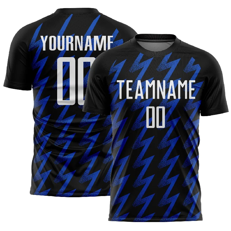 Soccer Jerseys with Slim Cut for Athletic Look-Custom Black White-Thunder Blue Zigzag Shape Sublimation Soccer Uniform Jersey