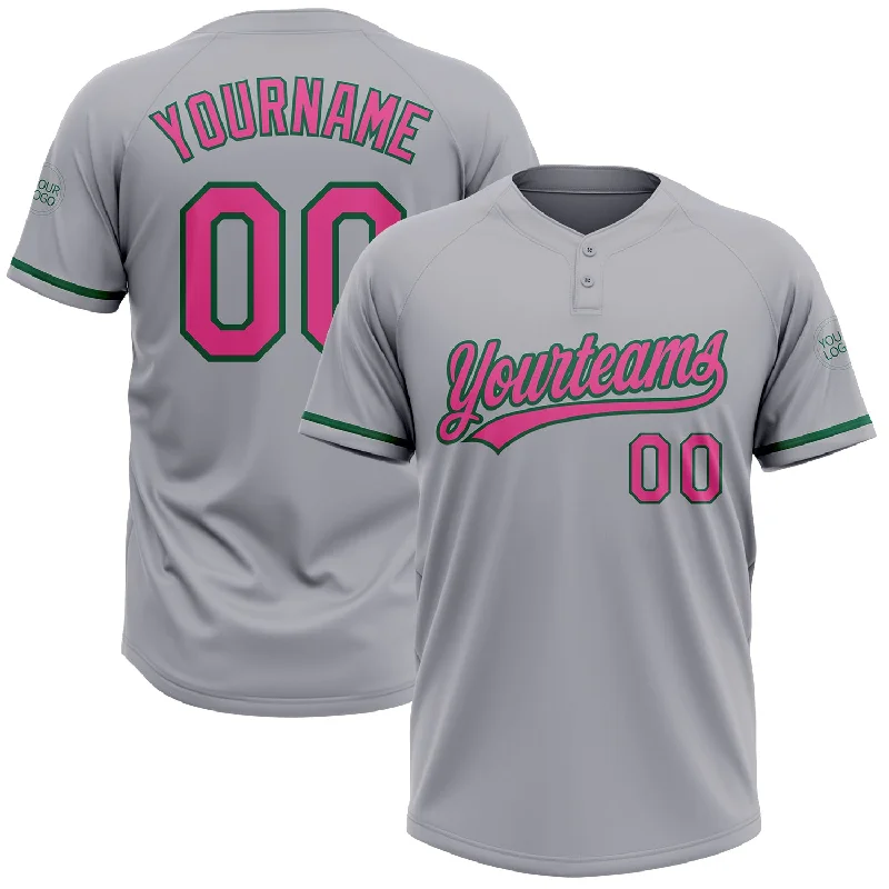 Softball Jerseys for Both On and Off-Field Use-Custom Gray Pink-Kelly Green Two-Button Unisex Softball Jersey