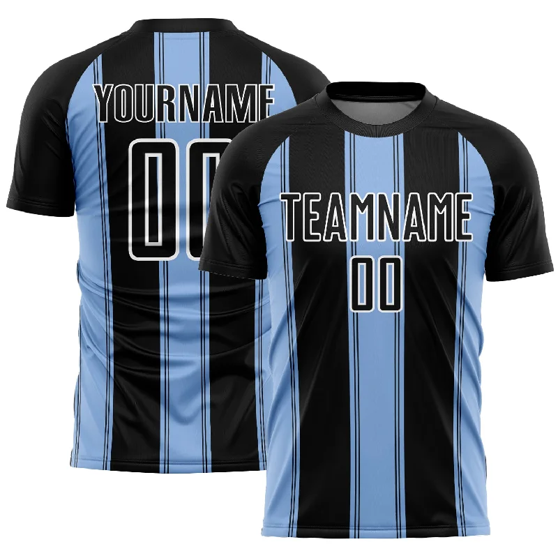 Soccer Jerseys with Tapered Cut for Modern Appeal-Custom Black Light Blue-White Line Sublimation Soccer Uniform Jersey