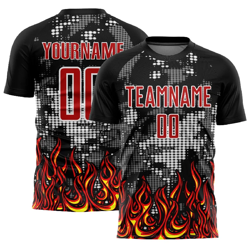 Soccer Jerseys with Colorful Patterns for Bold Look-Custom Black Red Gold-Gray Flame Sublimation Soccer Uniform Jersey