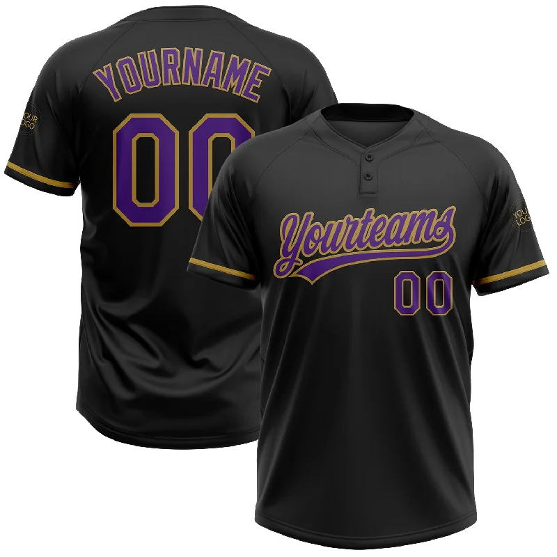 Personalized Softball Jerseys with Player Names-Custom Black Purple-Old Gold Two-Button Unisex Softball Jersey