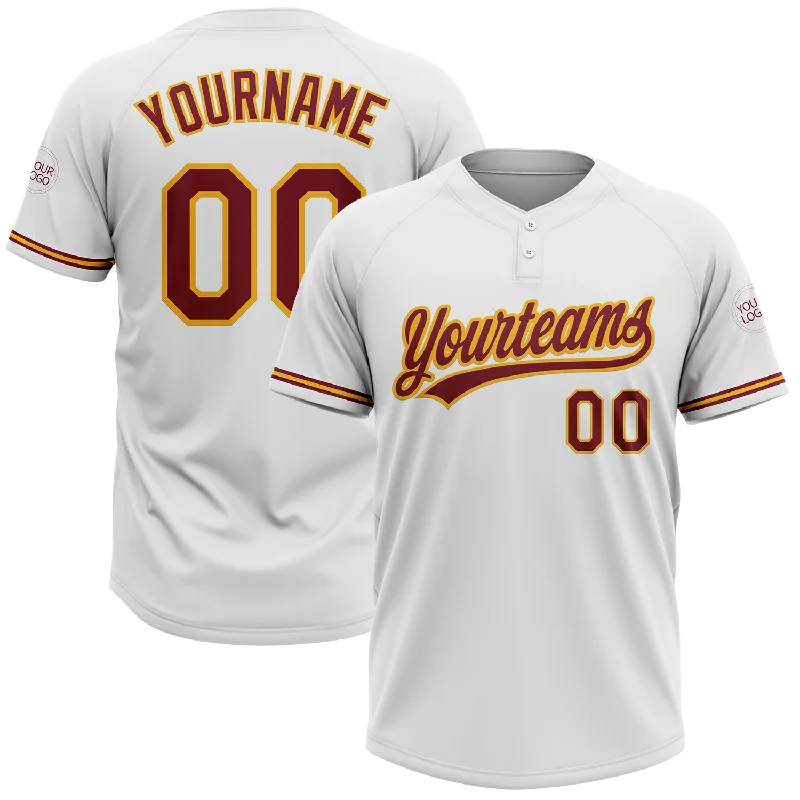 Softball Jerseys with Mesh Sides for Better Ventilation-Custom White Crimson-Gold Two-Button Unisex Softball Jersey