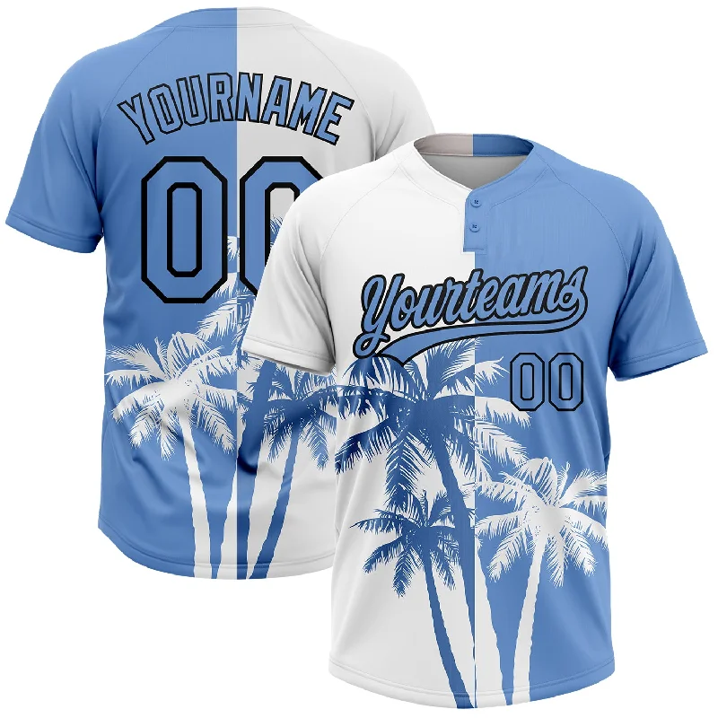 Softball Jerseys for All-Season Play-Custom White Light Blue-Black 3D Pattern Hawaii Coconut Trees Two-Button Unisex Softball Jersey