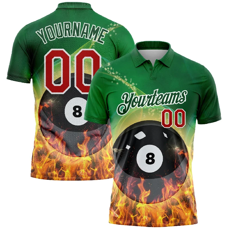 Comfortable Golf Polo Shirts for Relaxed Fit-Custom Green Red-White 3D Pattern Design Flame Billiards 8 Ball Performance Polo Shirt