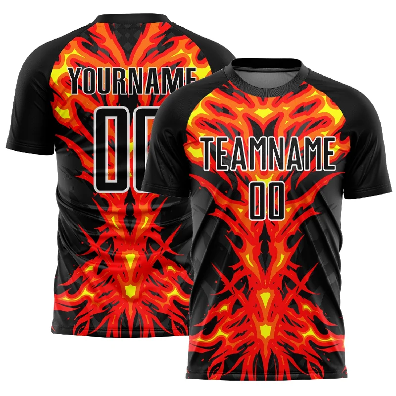 Soccer Jerseys with Sublimated Design for Unique Patterns-Custom Black Red-White Flame Sublimation Soccer Uniform Jersey