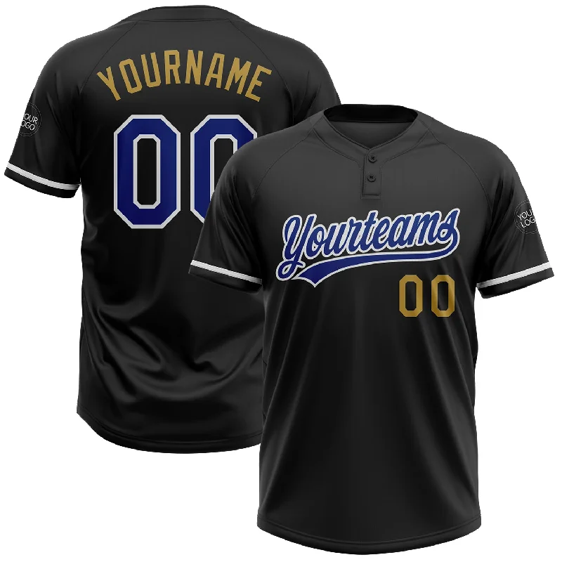 Softball Jerseys for Young Teams with Fun Colors-Custom Black Royal-Old Gold Two-Button Unisex Softball Jersey