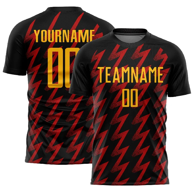 Soccer Jerseys with Multiple Pockets for Storage-Custom Black Gold-Red Zigzag Shape Sublimation Soccer Uniform Jersey