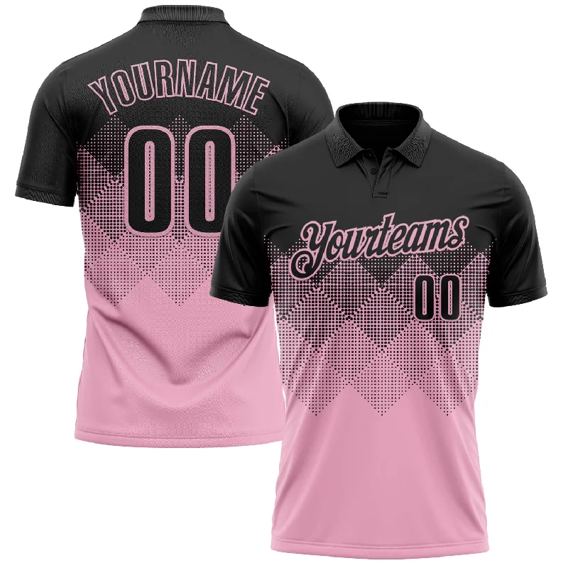 Premium Golf Polo Shirts with Pique Knit Texture-Custom Black Light Pink 3D Pattern Design Gradient Square Shape Performance Polo Shirt