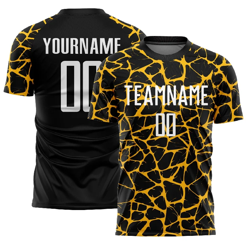 Soccer Jerseys with Lightweight Polyester Fabric for Breathability-Custom Black White-Gold Abstract Network Splash Sublimation Soccer Uniform Jersey