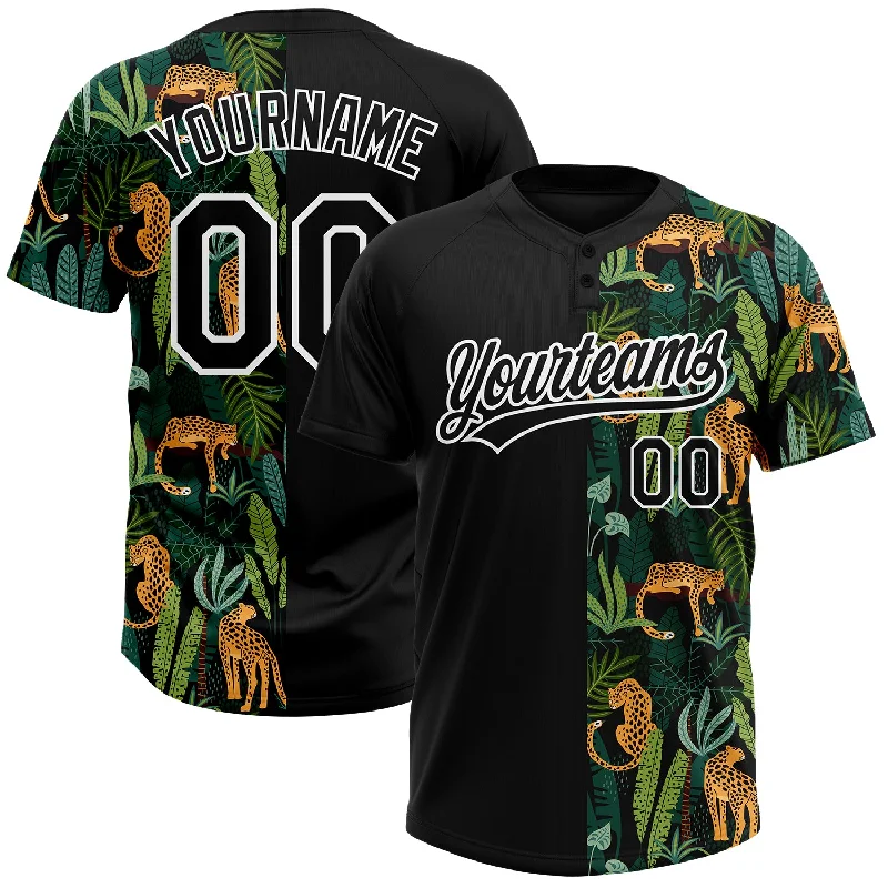 Softball Jerseys with Zip Collar for Easy Wear-Custom Black White 3D Pattern Leopards And Tropical Palm Leaves Two-Button Unisex Softball Jersey