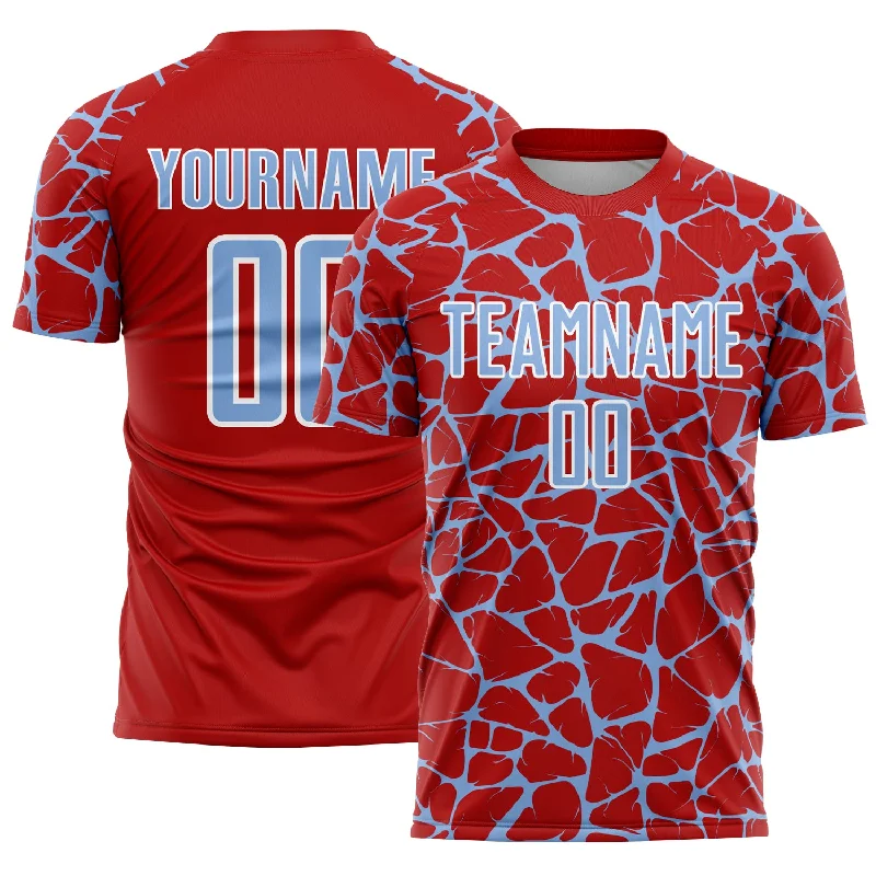 Soccer Jerseys with Custom Team Logos-Custom Red Light Blue-White Abstract Network Splash Sublimation Soccer Uniform Jersey