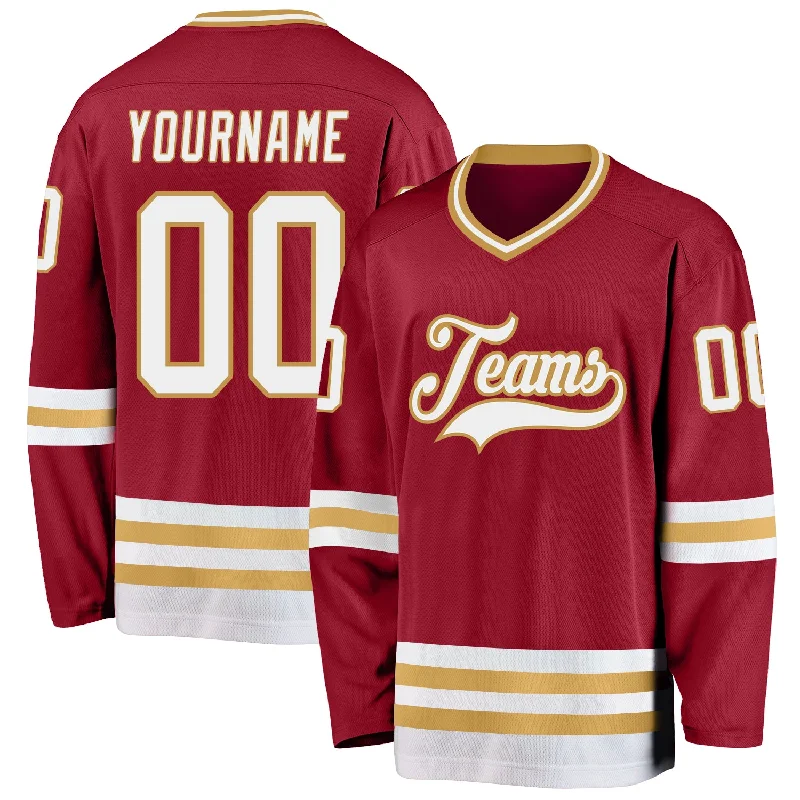 Hockey Jerseys with Team Name and Logo-Custom Maroon White-Old Gold Hockey Jersey