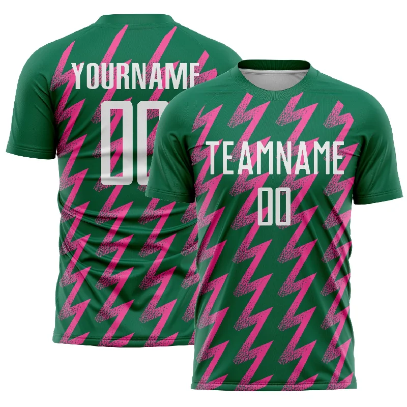 Soccer Jerseys with Embroidered Logos for Premium Look-Custom Kelly Green White-Pink Zigzag Shape Sublimation Soccer Uniform Jersey