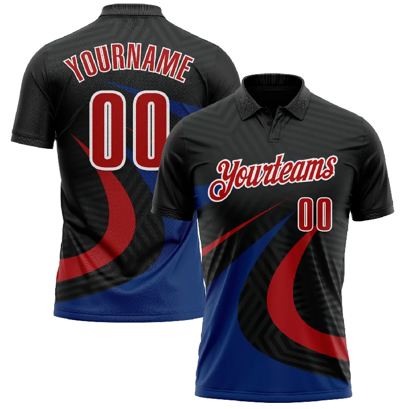 Custom Golf Polo Shirts for Teams-Custom Black Red-Royal 3D Bowling Geometric Shape Performance Polo Shirt