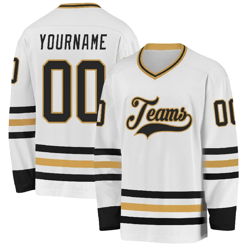 Lightweight Hockey Jerseys for Comfortable Play-Custom White Black-Old Gold Hockey Jersey