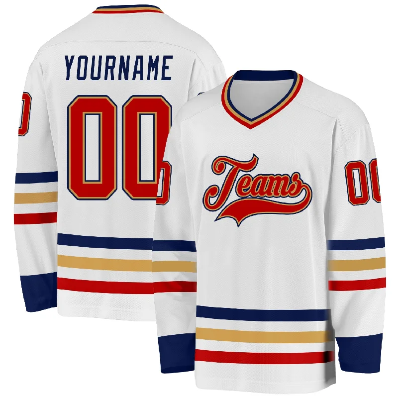 Heavy-Duty Hockey Jerseys for Contact Sports-Custom White Red Old Gold-Navy Hockey Jersey