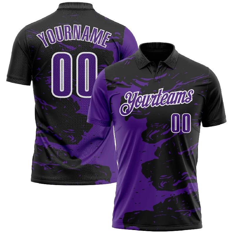 Golf Polo Shirts for Hot Weather with Cooling Tech-Custom Black Purple-White 3D Bowling Splash Ink Performance Polo Shirt