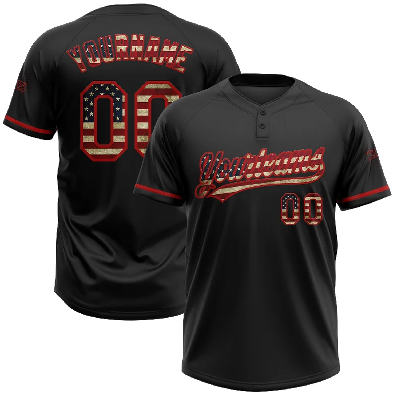 Customizable Softball Jerseys for School Teams-Custom Black Vintage USA Flag-Red Two-Button Unisex Softball Jersey