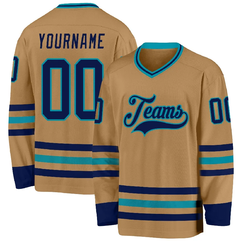 Pro-Style Hockey Jerseys for Fans and Teams-Custom Old Gold Navy-Teal Hockey Jersey