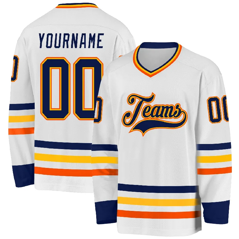 NHL Replica Hockey Jerseys for Collectors-Custom White Navy Gold-Orange Hockey Jersey