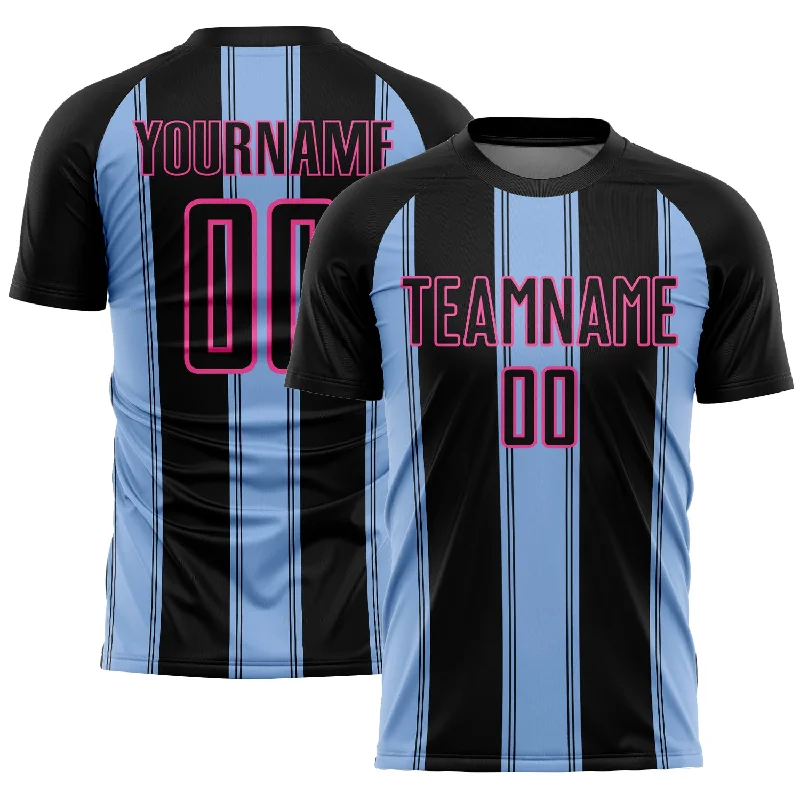 Soccer Jerseys with V-Neck Design for Classic Fit-Custom Black Light Blue-Pink Line Sublimation Soccer Uniform Jersey