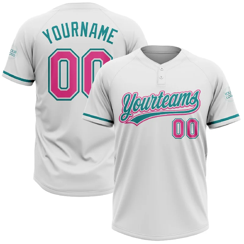 Softball Jerseys with Zip Collar for Easy Wear-Custom White Pink-Teal Two-Button Unisex Softball Jersey