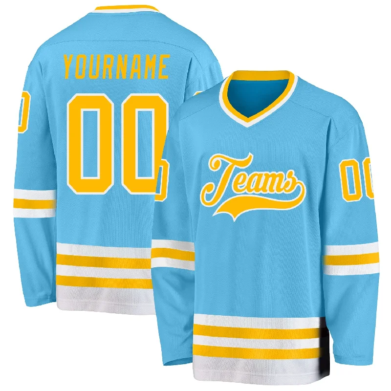 Official Replica Hockey Jerseys for NHL Teams-Custom Sky Blue Gold-White Hockey Jersey