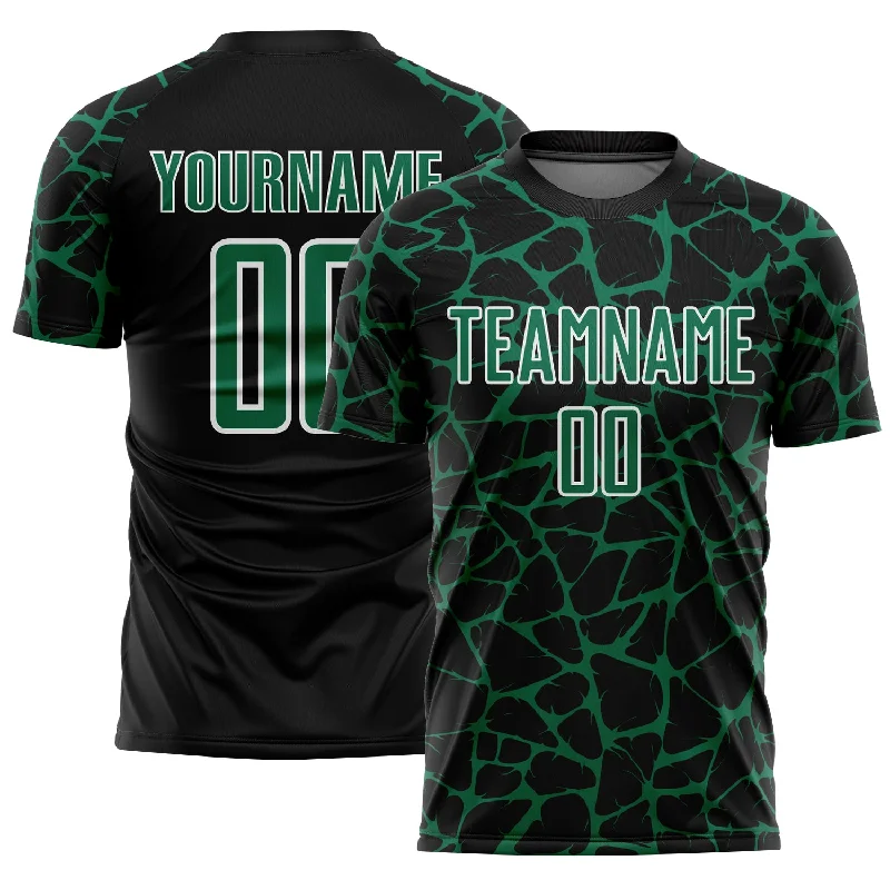 Soccer Jerseys with Moisture-Wicking Technology-Custom Black Kelly Green-White Abstract Network Splash Sublimation Soccer Uniform Jersey