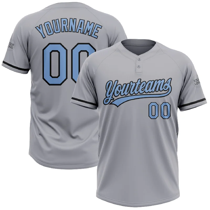 Customizable Softball Jerseys for School Teams-Custom Gray Light Blue-Black Two-Button Unisex Softball Jersey