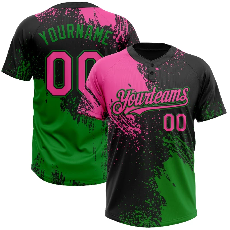 Softball Jerseys with Padded Necklines for Comfort-Custom Black Pink-Grass Green 3D Pattern Abstract Brush Stroke Two-Button Unisex Softball Jersey