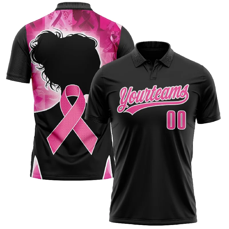 Breathable Golf Polo Shirts for Comfortable Play-Custom Black Pink-White 3D Pink Ribbon Breast Cancer Awareness Month Women Health Care Support Performance Polo Shirt