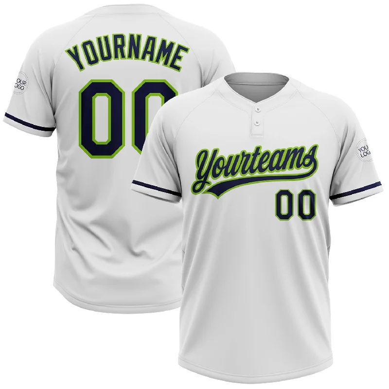 Softball Jerseys with V-Neck for Modern Style-Custom White Navy-Neon Green Two-Button Unisex Softball Jersey