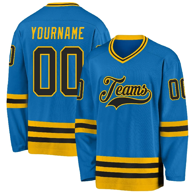 Soft Polyester Hockey Jerseys for Performance-Custom Blue Black-Gold Hockey Jersey