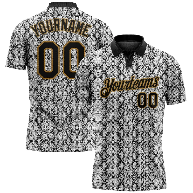 Eco-Conscious Golf Polo Shirts Made from Recycled Materials-Custom Black Old Gold 3D Pattern Design Snakeskin Performance Golf Polo Shirt