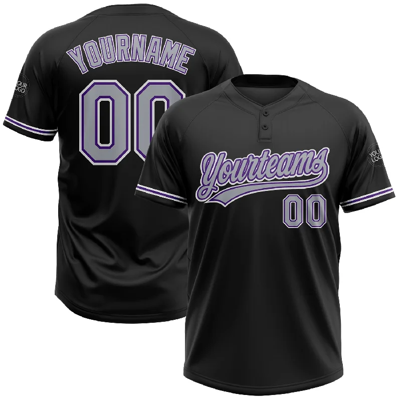 Softball Jerseys with Contrast Trim for Stylish Look-Custom Black Gray-Purple Two-Button Unisex Softball Jersey