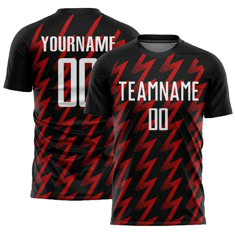 Soccer Jerseys with Custom Fit for Youth and Adults-Custom Black White-Red Zigzag Shape Sublimation Soccer Uniform Jersey