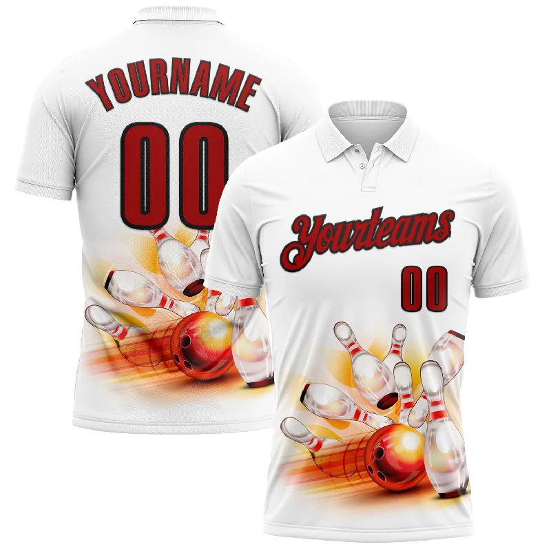 High-End Golf Polo Shirts with Luxe Finishes-Custom White Red-Black 3D Bowling Performance Polo Shirt