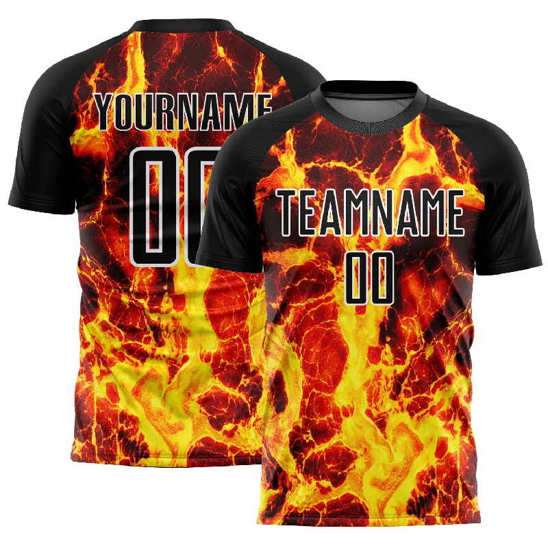 Soccer Jerseys with Double-Stitched Seams for Durability-Custom Black Gold-White Flame Sublimation Soccer Uniform Jersey