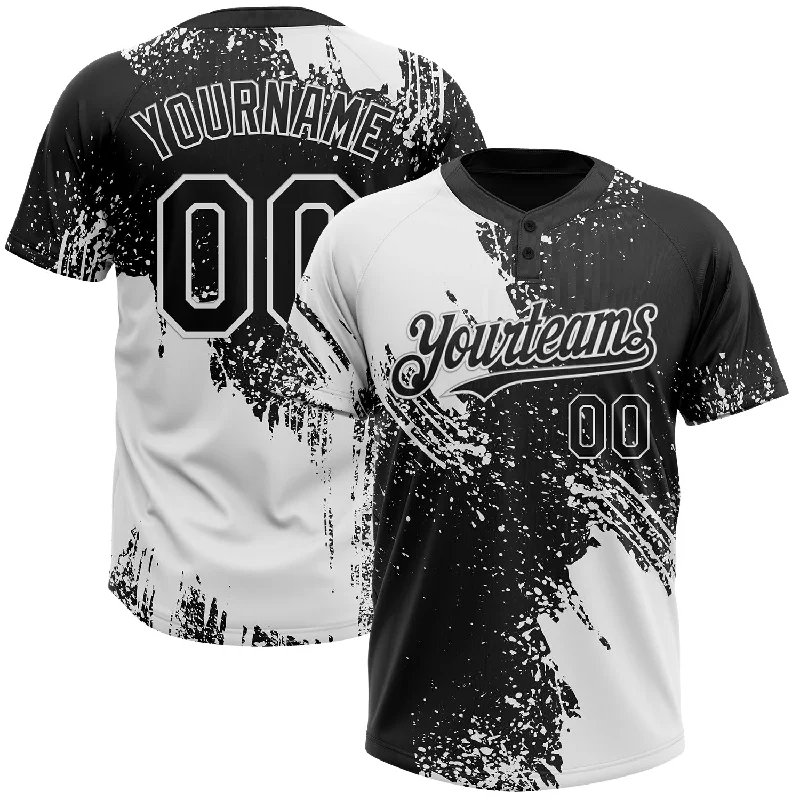 Lightweight Softball Jerseys for Comfort-Custom White Black 3D Pattern Abstract Brush Stroke Two-Button Unisex Softball Jersey