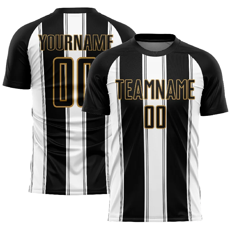 Soccer Jerseys with Mesh Back for Extra Cooling-Custom Black White-Old Gold Line Sublimation Soccer Uniform Jersey