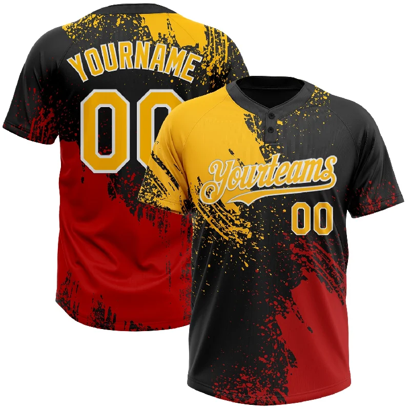 Moisture-Wicking Softball Jerseys for Performance-Custom Black Gold-Red 3D Pattern Abstract Brush Stroke Two-Button Unisex Softball Jersey