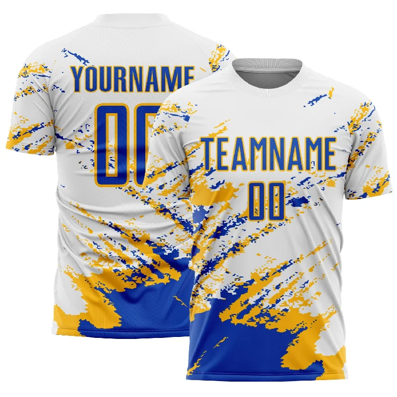 Soccer Jerseys with Lightweight Design for Freedom of Movement-Custom White Thunder Blue-Gold Abstract Fragment Art Splash Sublimation Soccer Uniform Jersey