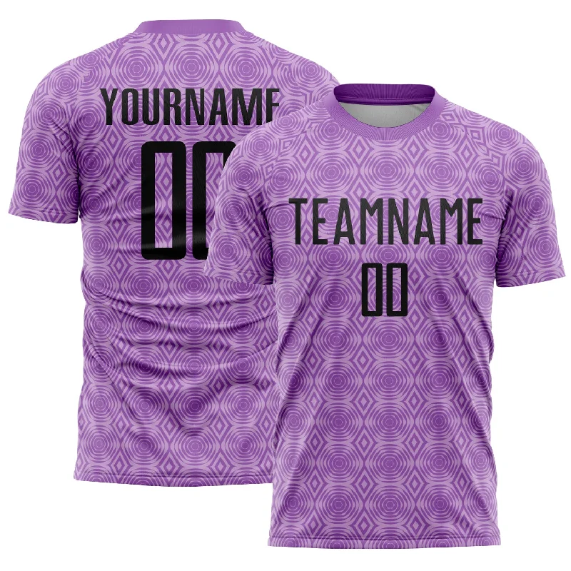 Soccer Jerseys with Sweat-Wicking Technology for Dry Comfort-Custom Medium Purple Black-Light Purple Geometric Shapes Sublimation Soccer Uniform Jersey