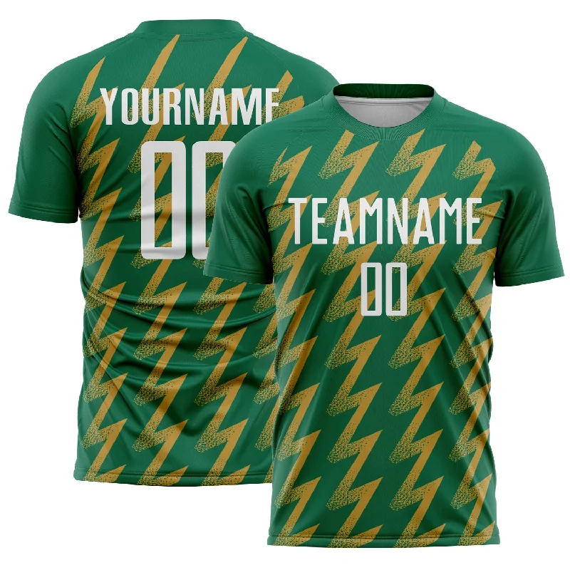 Soccer Jerseys with Anti-Chafe Seams for Comfort-Custom Kelly Green White-Old Gold Zigzag Shape Sublimation Soccer Uniform Jersey