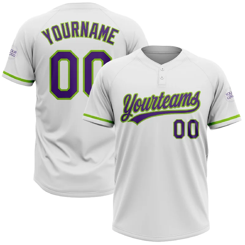 Team Softball Jerseys with Matching Colors-Custom White Purple-Neon Green Two-Button Unisex Softball Jersey